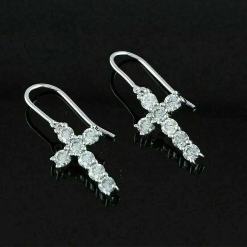 New 14k Gold Over Silver Diamond Cross Drop Earrings
